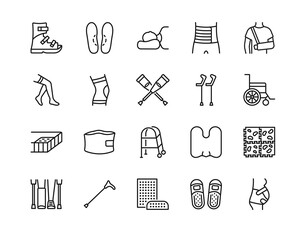 Orthopedics rehabilitation line icon set. Post-injury treatment equipment. Vector illustration insole, pillow, crutches, mattress, bandage. Editable stroke