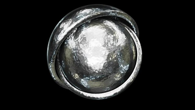 Realistic looping 3D animation of the spinning textured stainless steel sphere inside of two silver metallic hemispheres rendered in UHD with alpha matte
