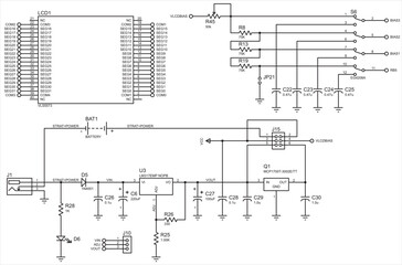 Vector electrical schematic diagram of an digital
electronic device with lcd, operating under the control of a pic microcontroller. Sheet 3 of 3.