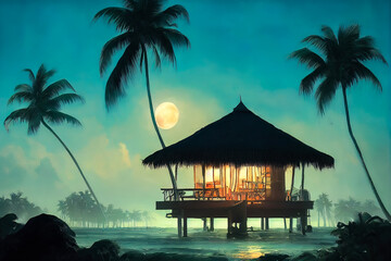 Sandy beach with palm trees on a sunny sea island. Tropical seascape. Palm trees on the beach. Wooden bungalow on the ocean. Paradise island, vacation, beach. - obrazy, fototapety, plakaty