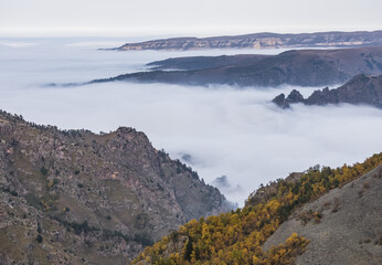 Mountain hills and ridges protruding from above from fog and clouds that creep along the bottom of the valley, autumn landscape in the Caucasus mountains