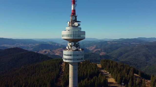 Aerial view of telecommunications tower at Snezhanka peak near Pamporovo in Bulgaria