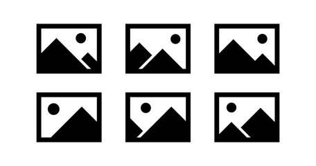 Image icons set. Abstract painting of mountains and sun. Pictogram denoting photo or media content.