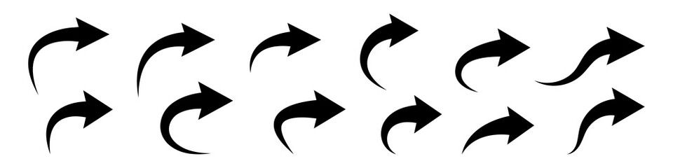 Set of black curved arrows isolated on white.