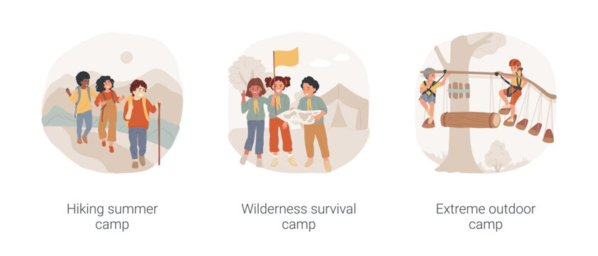Summer camps for gradeschoolers isolated cartoon vector illustration set. Hiking summer camp, wilderness survival scouts outdoor living program, extreme sport education, vector cartoon.