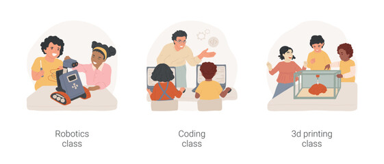 Technology and science classes isolated cartoon vector illustration set. Robotics PA day, engineering workshop, coding class for children, 3d printing after school, daycare center vector cartoon.