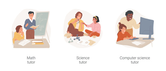 Academic coaching isolated cartoon vector illustration set. Math tutor, science and computer literacy classes, STEM project, homework help, learn software, graphs and formulas vector cartoon.