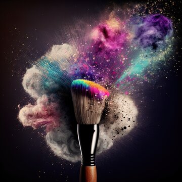 makeup brush on black background and paint brush splash with dust particles on black background. Colored splash Colored Brush Makeup on black background fashion