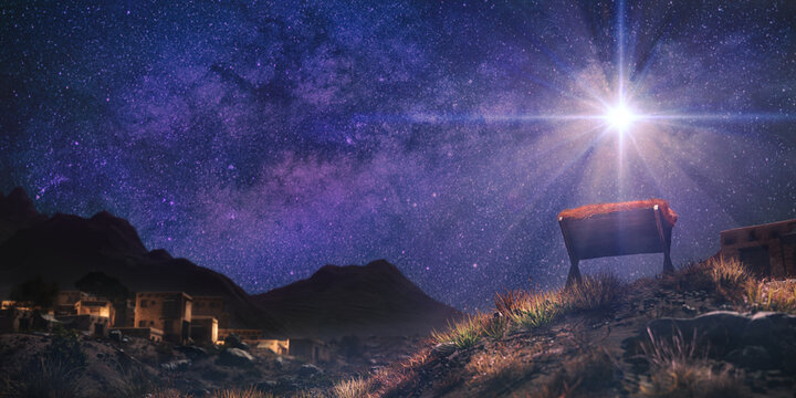 Nativity scene. Birth of Jesus Christ with manger in dark blue landscape and the star of Bethlehem. 3D rendering.