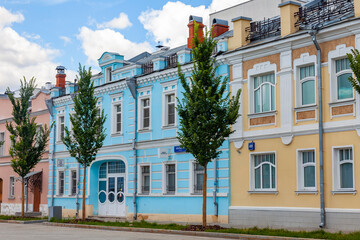 Moscow, Russia, July 19, 2022. Shkolnaya Street. Fragment of a typical architectural ensemble in...