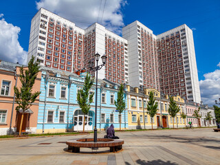 Moscow, Russia, July 19, 2022. Shkolnaya Street. Fragment of a typical architectural ensemble in the historical part of the city