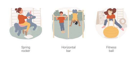 Elementary school break activities isolated cartoon vector illustration set. Spring rocker, horizontal bar, fitness ball, outdoor playground, happy children, physical exercise vector cartoon.