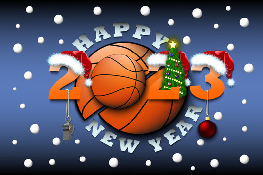 Happy New Year 2023 and basketball ball