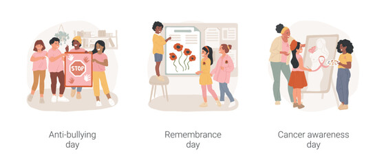Special school days isolated cartoon vector illustration set. Anti-bullying day, World War victory remembrance, cancer awareness poster, poppy seed flower, create bulletin board vector cartoon.