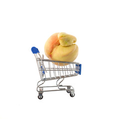 Ugly fruits concept. Deformed peach in trolley (shopping cart) on white background. Design element....