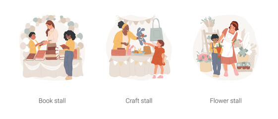 Spring school fair isolated cartoon vector illustration set. Book stall, craft toys, bookcrossing, second hand magazines, comics books, kid buying a bouquet, outdoor market vector cartoon.