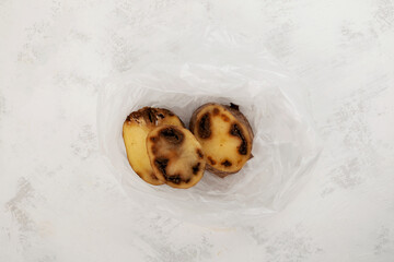 Rotten spoiled potatoes in plastic bag on grey textured background. Concept - Incorrect storage of...