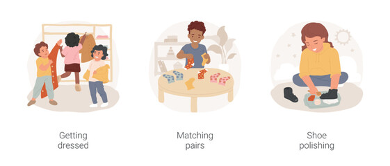 Self-care montessori lessons isolated cartoon vector illustration set. Getting dressed, matching pairs, shoe polishing, preschool education, practical life exercise, manual skill vector cartoon.