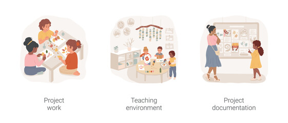 Reggio Emilia preschool isolated cartoon vector illustration set. Project work, teaching environment and classroom design, project documentation, art activity, photo board vector cartoon.