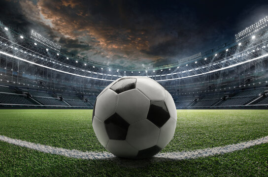 Sports football Background. Soccer ball at the sports stadium.