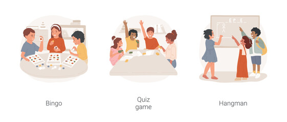 Afterschool classroom games isolated cartoon vector illustration set. Children play bingo together, developmental quiz game, kid drawing hangman, classroom free time fun activity vector cartoon.