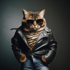 Portrait of a macho cat wearing a leather black jacket, sunglasses an blue jeans pants. Posing as a top-gun actor model. Artistic digital painting. - obrazy, fototapety, plakaty