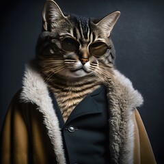Portrait of a model cat wearing a natural winter wool jacket and stylish dark sunglasses. Natural...