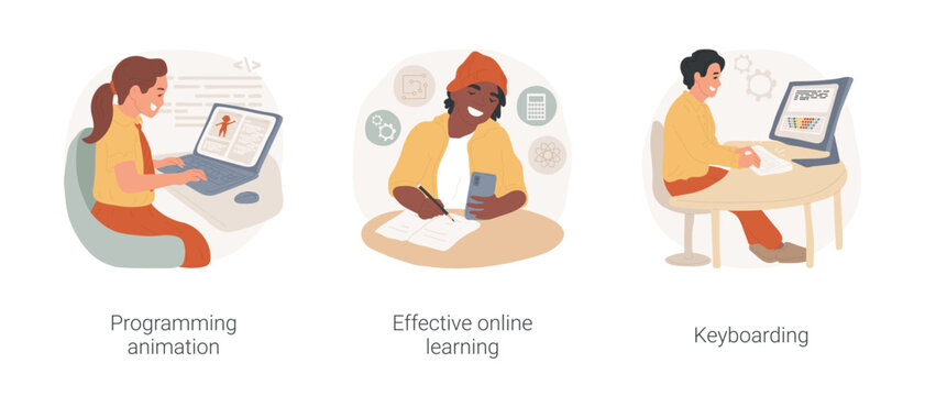 Computer science and digital literacy isolated cartoon vector illustration set. Programming animation, effective online learning, keyboarding class, digital literacy at school vector cartoon.