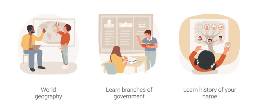 Social studies curriculum isolated cartoon vector illustration set. World geography lesson, learn branches of government, explore history of your name, create family tree vector cartoon.