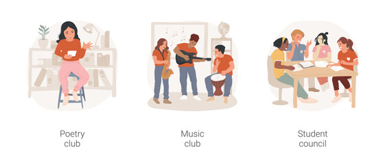 Extracurricular activities and clubs isolated cartoon vector illustration set. Poetry club, writing and performing, school music band, teenagers play instruments, student council vector cartoon.