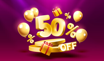 Fototapeta na wymiar 50 Off. Discount creative composition. 3d sale symbol with decorative objects, golden confetti, podium and gift box. Sale banner and poster. Vector
