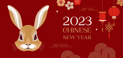Fototapeta na wymiar Chinese new year 2023 year of the rabbit - red traditional Chinese designs with rabbits, bunnies. Lunar new year concept, modern design. Translation: Happy Chinese new year
