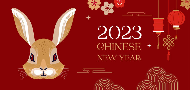 Chinese new year 2023 year of the rabbit - red traditional Chinese designs with rabbits, bunnies. Lunar new year concept, modern design. Translation: Happy Chinese new year