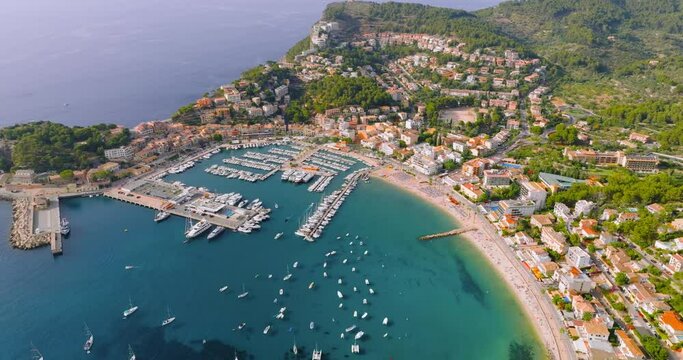 Majorca, Spain. Aerial view of summer resort town Port de Soller on Mallorca
