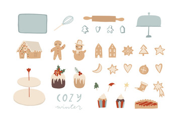 Set of Christmas Baking elements isolated on white background. Preparing for the winter holidays, home baking in winter. Vector cute cartoon flat illustration. Gingerbread cookies, cakes, decoration