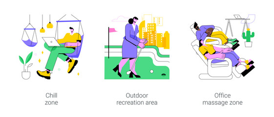 Recreation in smart office isolated cartoon vector illustrations set. Chill zone and outdoor recreation area, office massage zone, modern workplace, relax time at job, wellness vector cartoon.