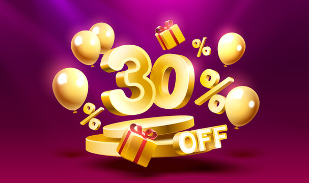 30 Off. Discount creative composition. 3d sale symbol with decorative objects, golden confetti, podium and gift box. Sale banner and poster. Vector