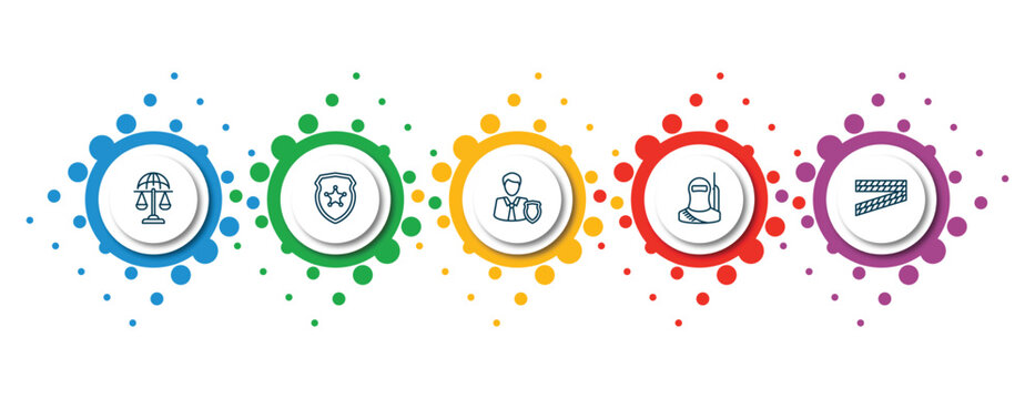 editable thin line icons with infographic template. infographic for law and justice concept. included international law, police badge, custody, , police line icons.