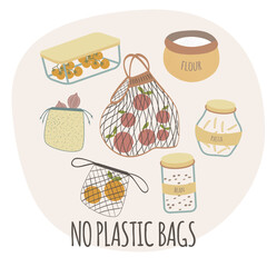 Zero waste food storage in glass jars for bulk products without packaging. Mesh and textile reusable bags for products Zero waste concept pantry. No plastic. Vector illustration.