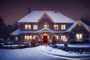 festive house with Christmas decorations in winter