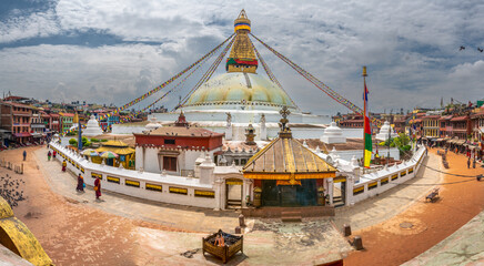 This whitewash dome and gilded tower is one of the most important location for the Buddhist religion in Nepal, Boudhanath Stupa, Kathmandu, Nepal