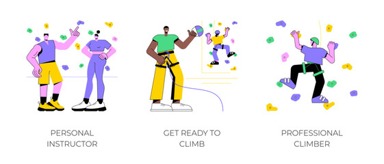 Bouldering isolated cartoon vector illustrations set. Personal climbing instructor, athlete in special equipment ready for bouldering, extreme sport achievement, physical activity vector cartoon.