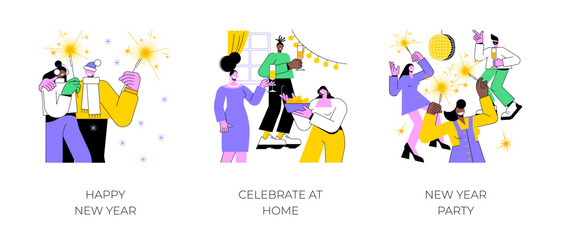New Year celebration isolated cartoon vector illustrations set. Happy young couple holding sparklers and smiling, group of diverse friends having party at home, countdown tradition vector cartoon.