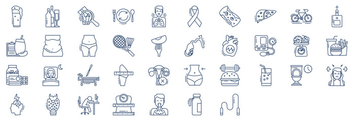 Collection of icons related to Obesity, including icons like Beer, Alcohol, Arthritis,Binge and more. vector illustrations, Pixel Perfect set