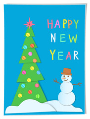 Happy New Year greeting card with paper cut effect. Imitation children handiwork art.