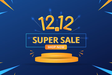 12.12 super sale banner with orange podium and fireworks in the background