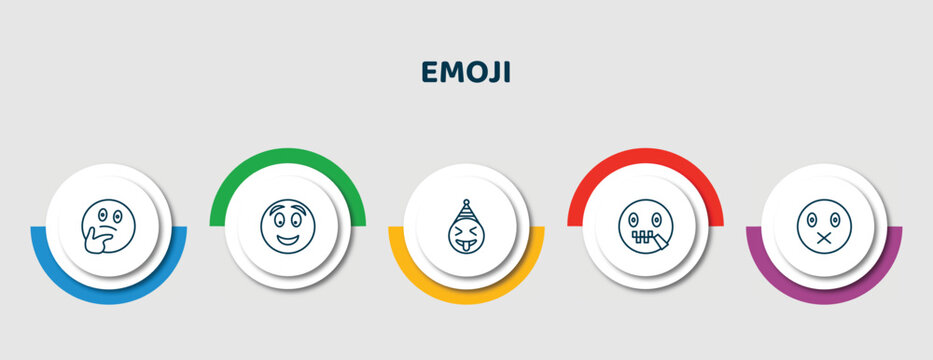 editable thin line icons with infographic template. infographic for emoji concept. included wondering emoji, excited emoji, crazy secret muted icons.