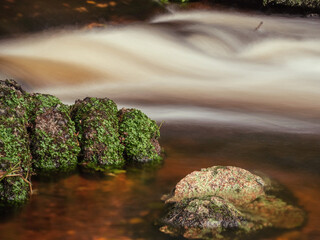 Nature scene with blurred water motion in a creek and rocks with green moss in a forest. River surface with brown color. Calm and relaxing mood.