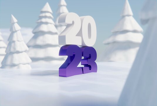 The inscription 2023 against the background of winter and Christmas trees with snow. The concept of the new year, welcoming the new year 2023, New Year's Eve. 3D render, 3D illustration.