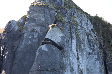 Strangely shaped rocks along the coast of Shiretoko Peninsula, Hokkaido, Japan
